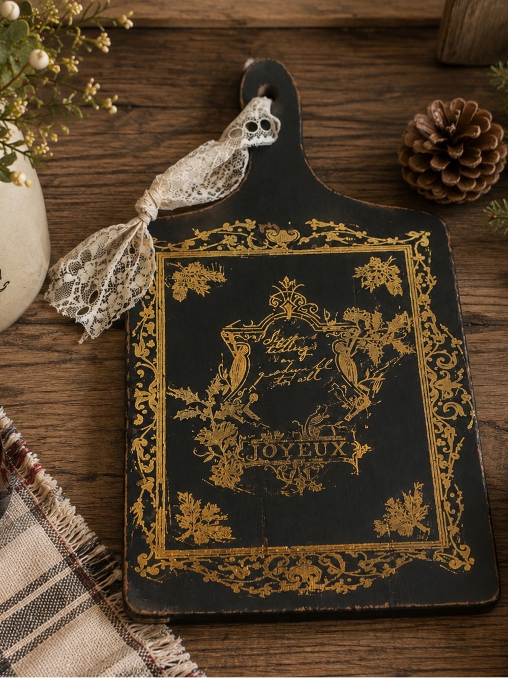 Decorative Dark Green & Gold Serving Board - Vintage Style